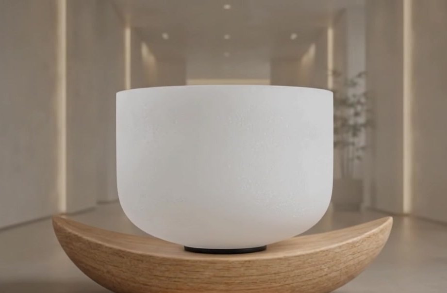 Frosted crystal singing bowl resting on a wooden cradle