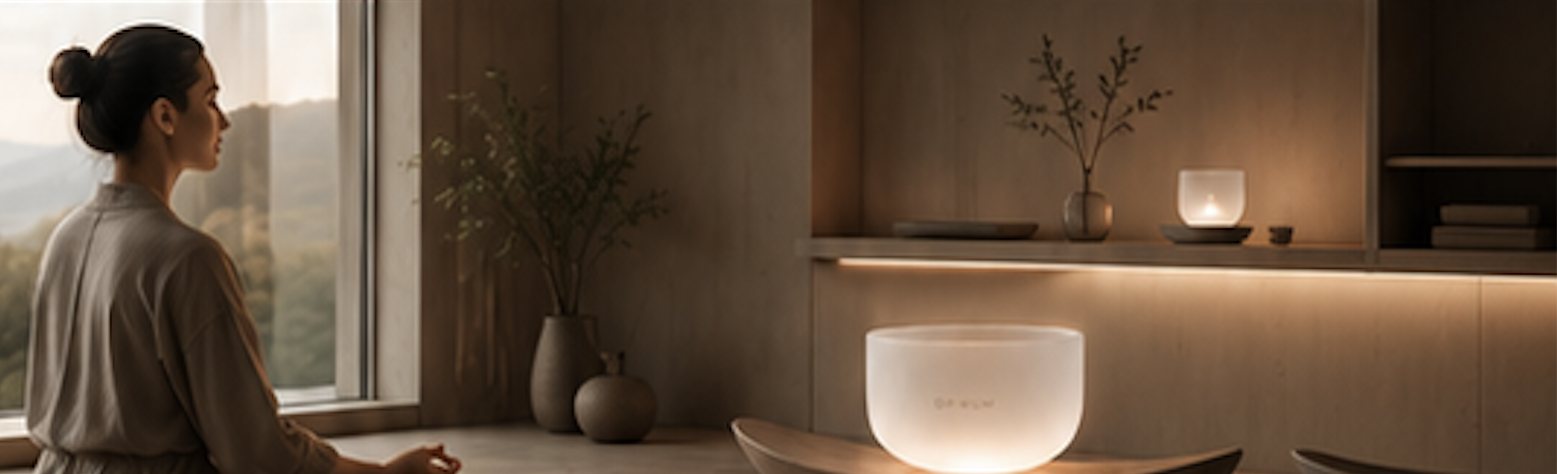 A woman sits in meditation beside SO HUM in a calm, sunlit room